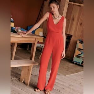 Sézane Vanille Sleeveless V-Neck Jumpsuit | Red Coral | Size 36 | US 4